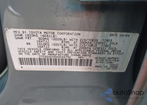 2004 Toyota Rav4 из США, поврежденный, VIN JTEGD20V840034750